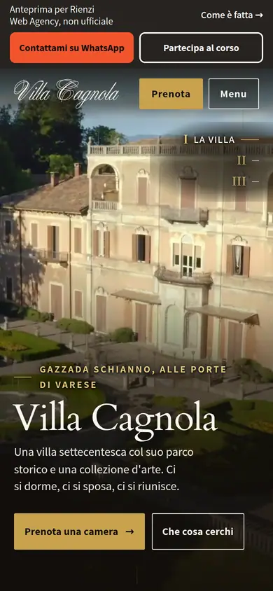 La home rifatta, dal telefono: la villa vista dal drone a tutto schermo, il nome Villa Cagnola e il tasto per prenotare una camera