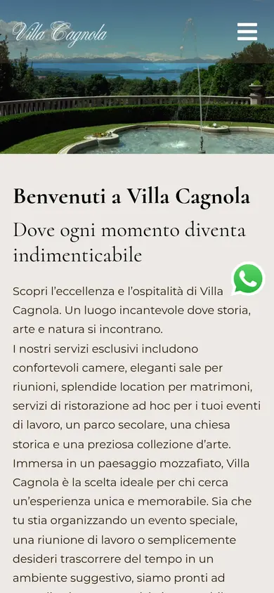 La home di villacagnola.com oggi, dal telefono: in cima la striscia del video con la fontana e il lago, sotto «Benvenuti a Villa Cagnola» e il testo