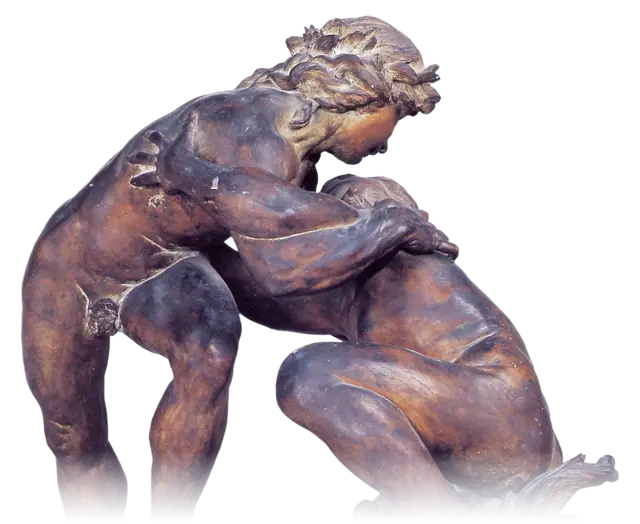 Orfeo ed Euridice abbracciati, una terracotta scura